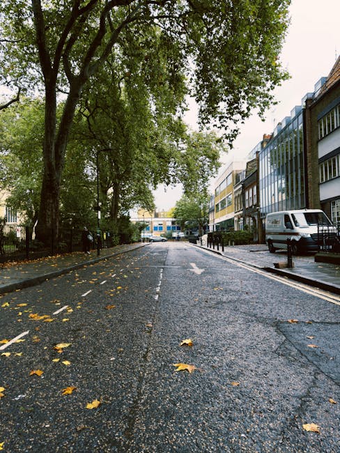 A wet, asphalt street in an urban area during daytime, with fallen yellow and brown leaves scattered across the surface. On the right side, a white commercial van is parked adjacent to modern glass-fronted office buildings with a combination of blue, yellow, and brown panels. The left side of the street features a black metal fence lining a green, leafy park or garden area, with several tall trees whose branches extend over the road, creating a canopy of green foliage. The scene appears to be after rainfall, as the pavement has a slight sheen, and the sky overhead is overcast, contributing to the subdued lighting. In the background, additional buildings are visible, with a mixture of residential and commercial structures. The image, associated with waste clearance services, depicts a quiet city street suitable for independent rubbish removal or private waste collection, supported by local service providers like Waste Clearance Finsbury Park.